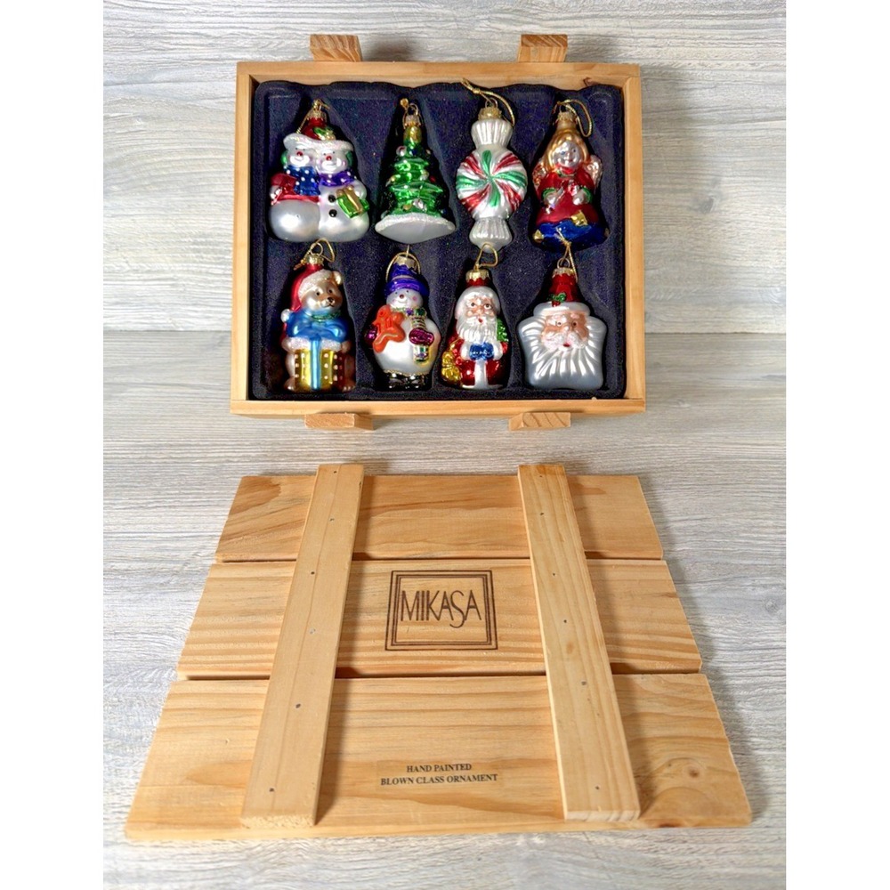 8 Mikasa Hand Painted Blown Glass Santa Candy Bear Ornaments W/ Wooden Crate Box